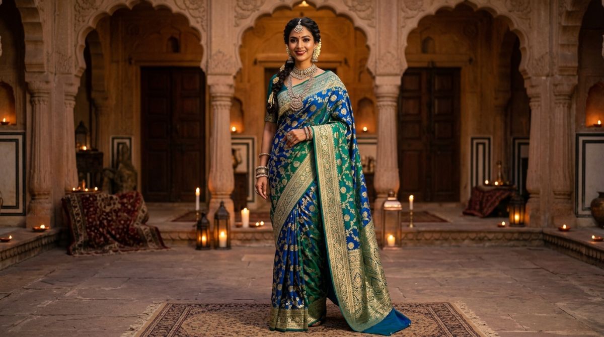 Imperial Peacock Blue Banarasi Katan Silk Saree