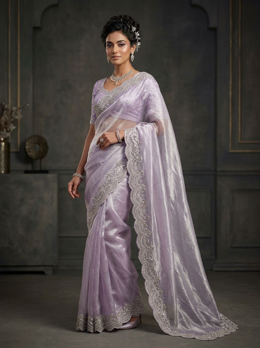 Lavender Haze Hand-Embroidered Organza Tissue Saree