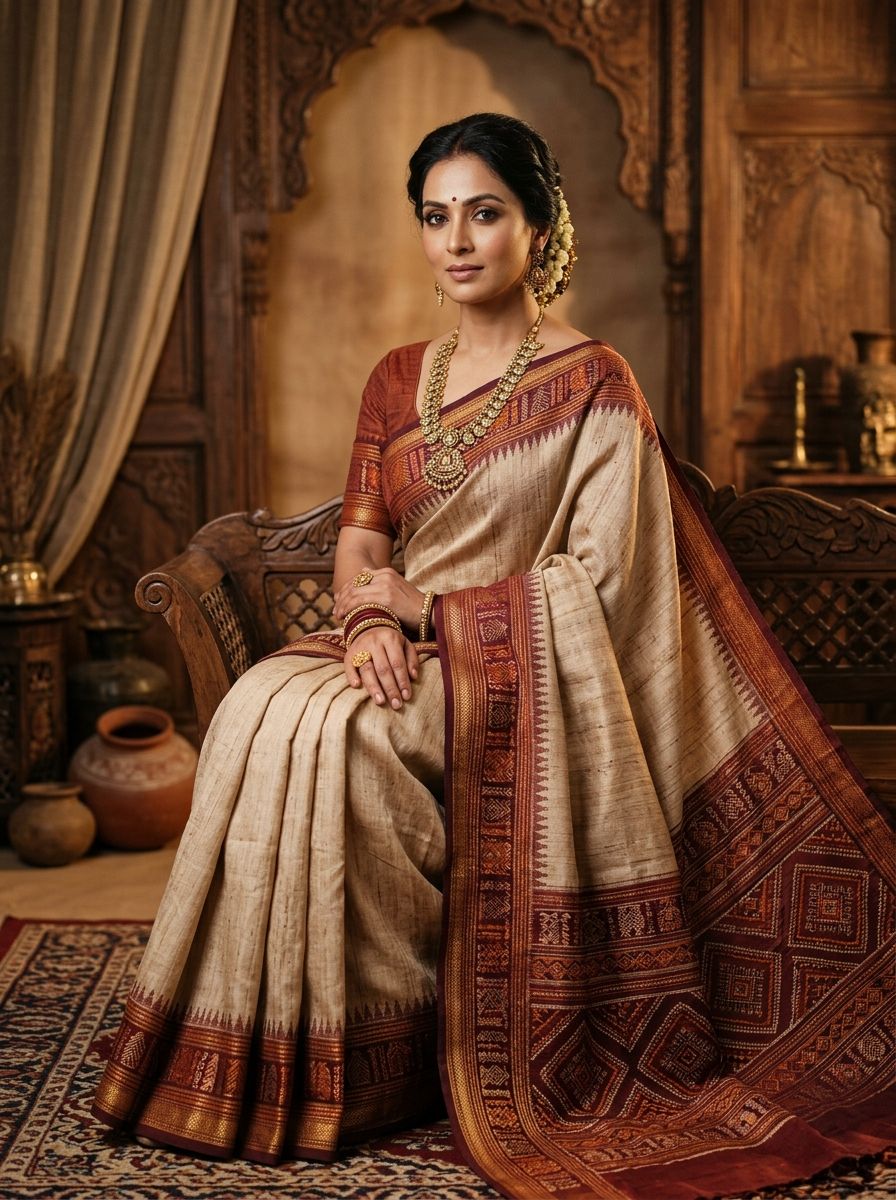 Bhagalpuri Tussar Raw Silk Temple Saree